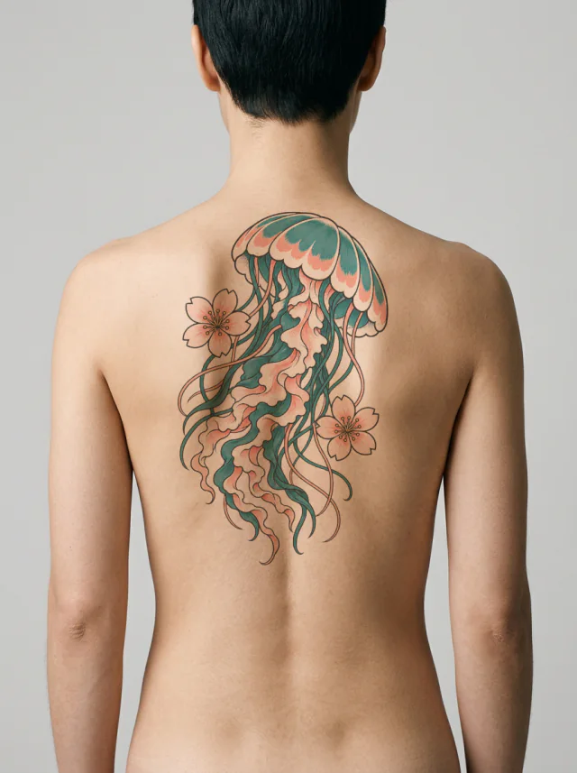 Teal-And-Coral Jellyfish with Two Small Cherry Blossoms Tattoo on-skin preview