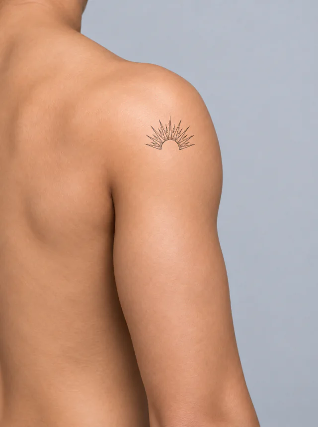 Dotwork Sunburst Shoulder Cap Tattoo on-skin preview