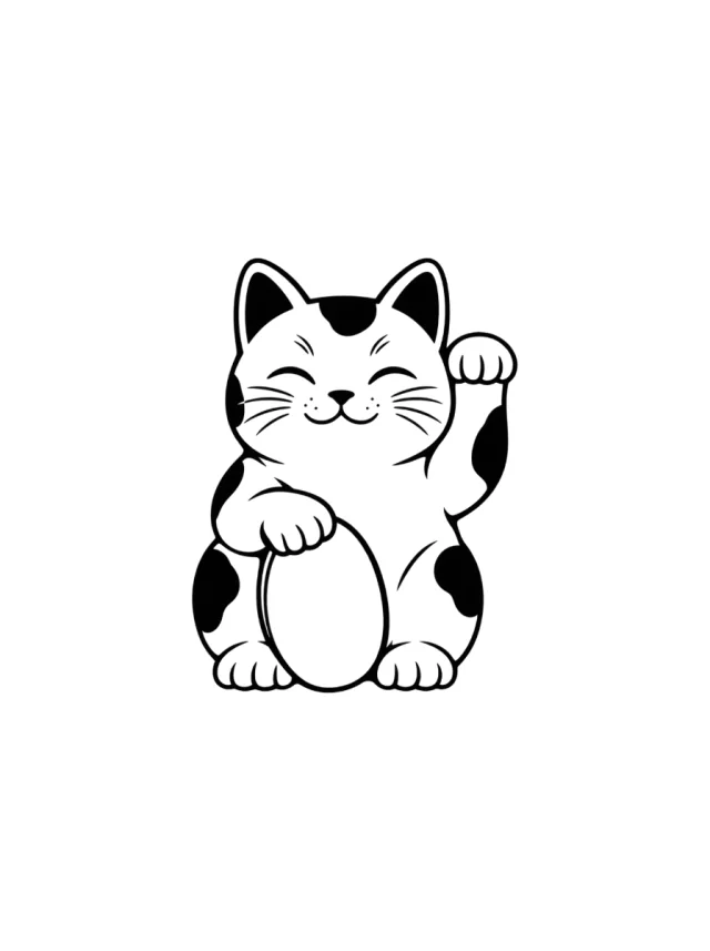 Maneki-Neko Lucky Cat with Left Paw Raised and Plain Oval Coin Without Writing Tattoo clean design