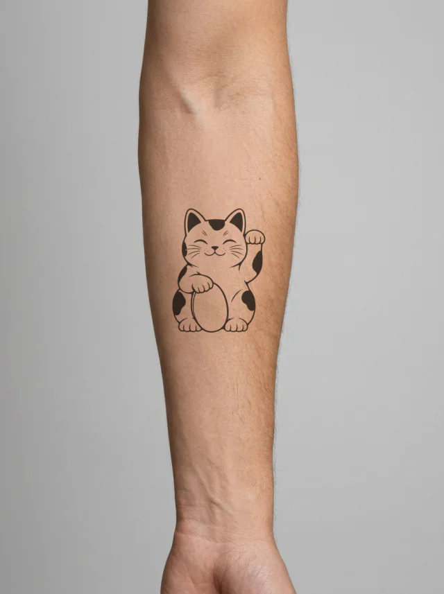 Maneki-Neko Lucky Cat with Left Paw Raised and Plain Oval Coin Without Writing Tattoo on-skin preview