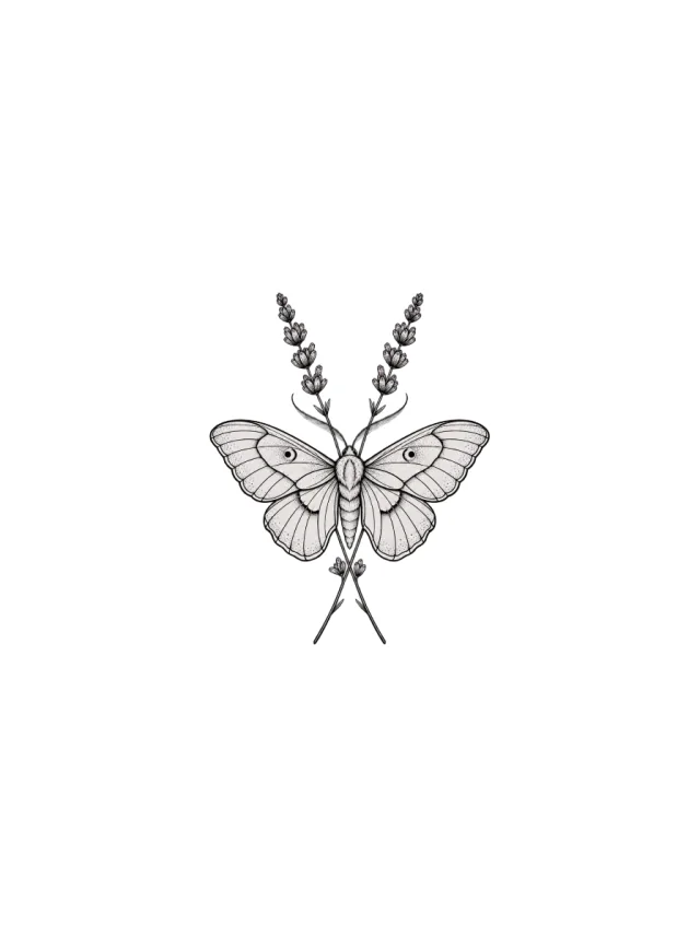 Fine Line Moth and Lavender Thigh Tattoo clean design