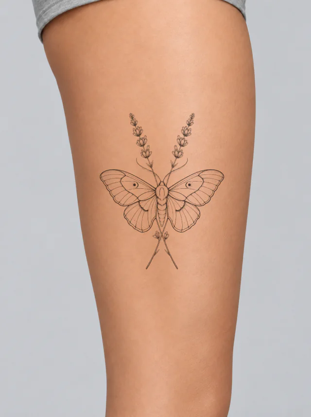 Fine Line Moth and Lavender Thigh Tattoo on-skin preview