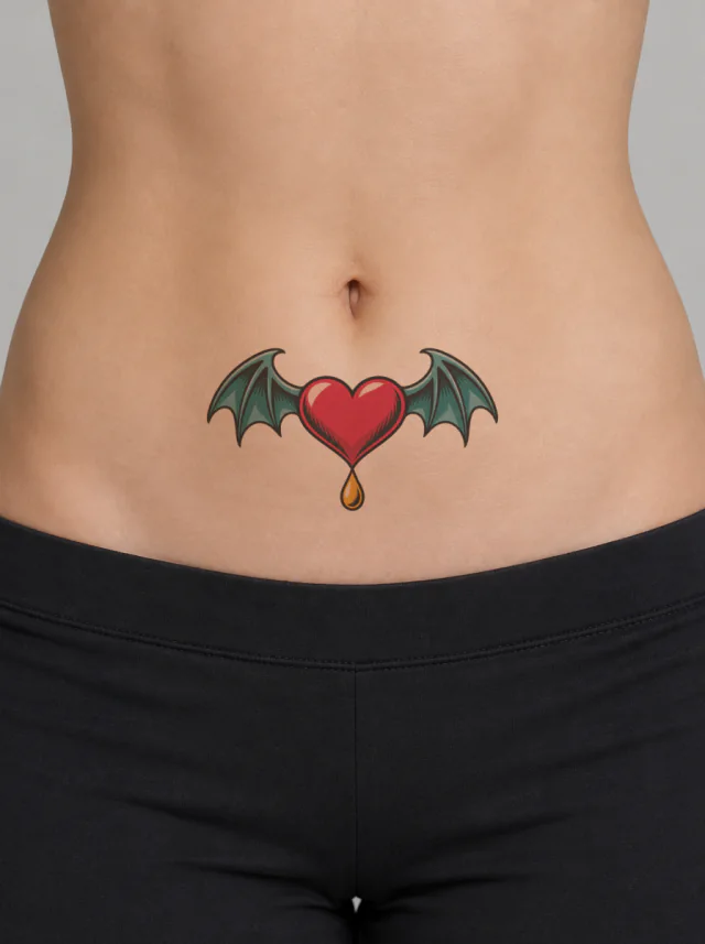 Lower Belly Emerald Winged Heart Tattoo on-skin preview