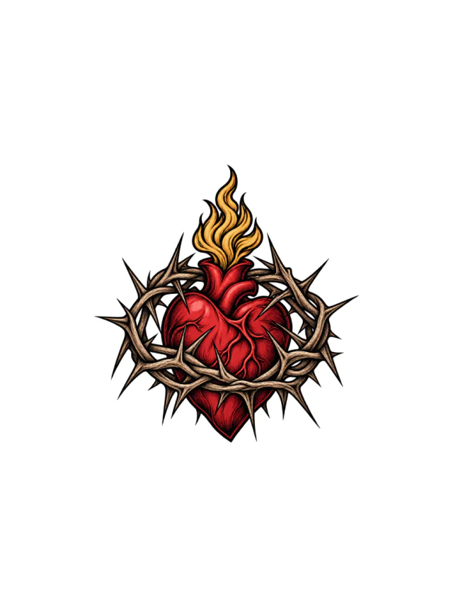 Crown of Thorns around a Red Sacred Heart with Small Flame Tattoo clean design