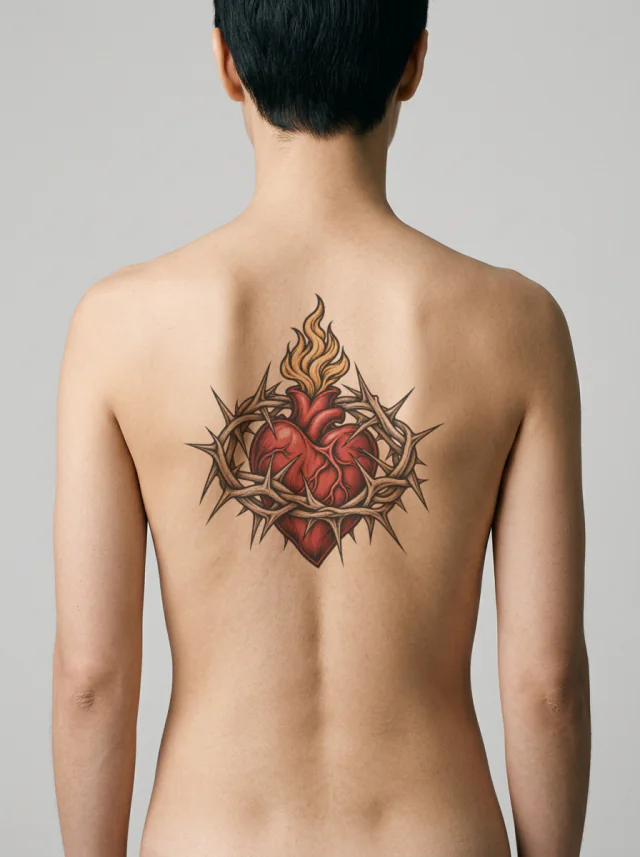 Crown of Thorns around a Red Sacred Heart with Small Flame Tattoo on-skin preview