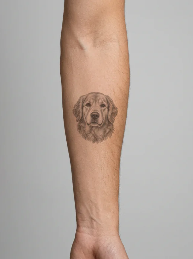 Black and Grey Golden Retriever Tattoo on-skin preview