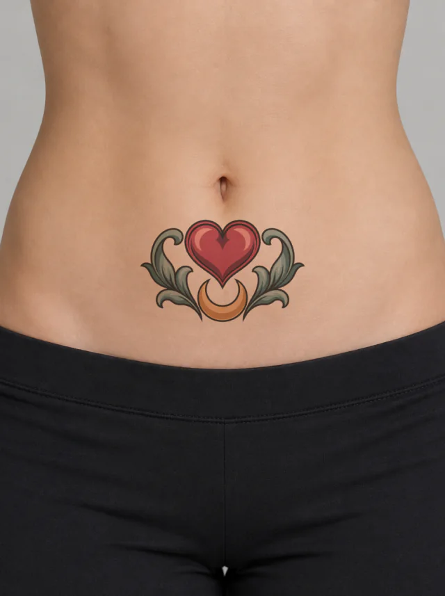 Lower Belly Crimson Crescent Crest Tattoo on-skin preview