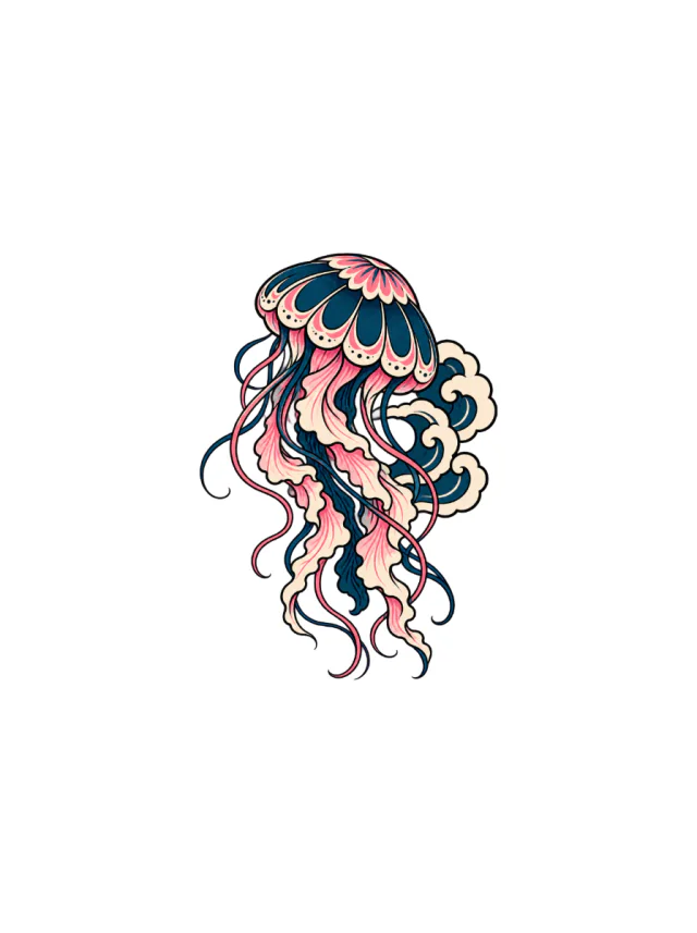 Indigo-And-Pink Jellyfish with Stylized Cloud Curl Tattoo clean design