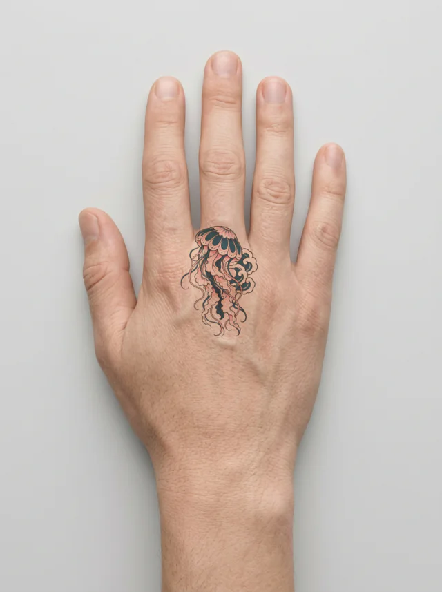 Indigo-And-Pink Jellyfish with Stylized Cloud Curl Tattoo on-skin preview