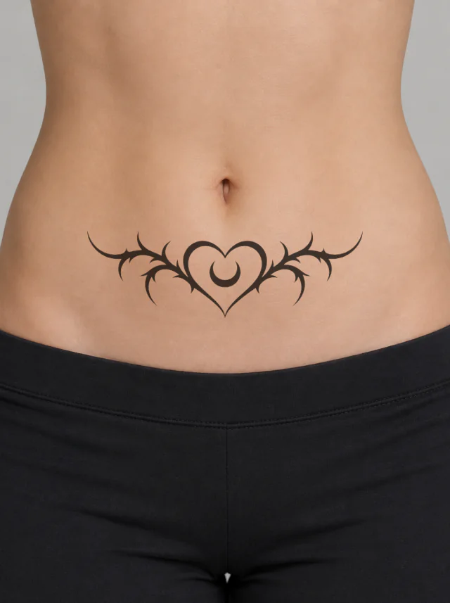 Lower Belly Lunar Heart Ornament Tattoo on-skin preview