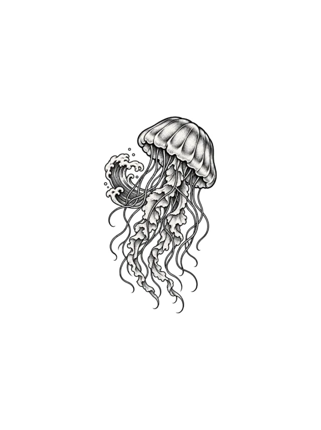 Engraved Jellyfish with Small Wave Crest and Clear Separated Tentacles Tattoo clean design