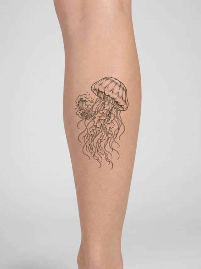 Engraved Jellyfish with Small Wave Crest and Clear Separated Tentacles Tattoo on-skin preview