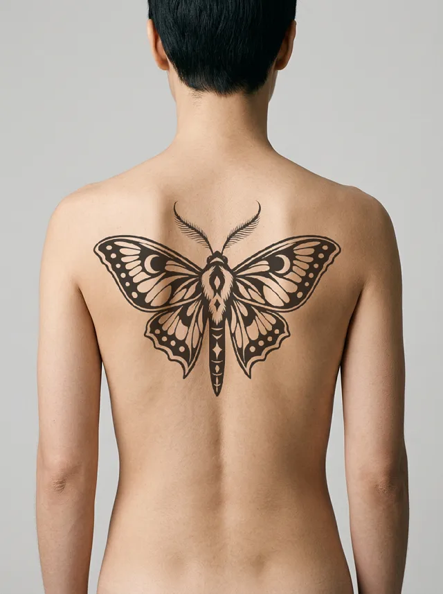 Blackwork Moth Spine Tattoo on-skin preview