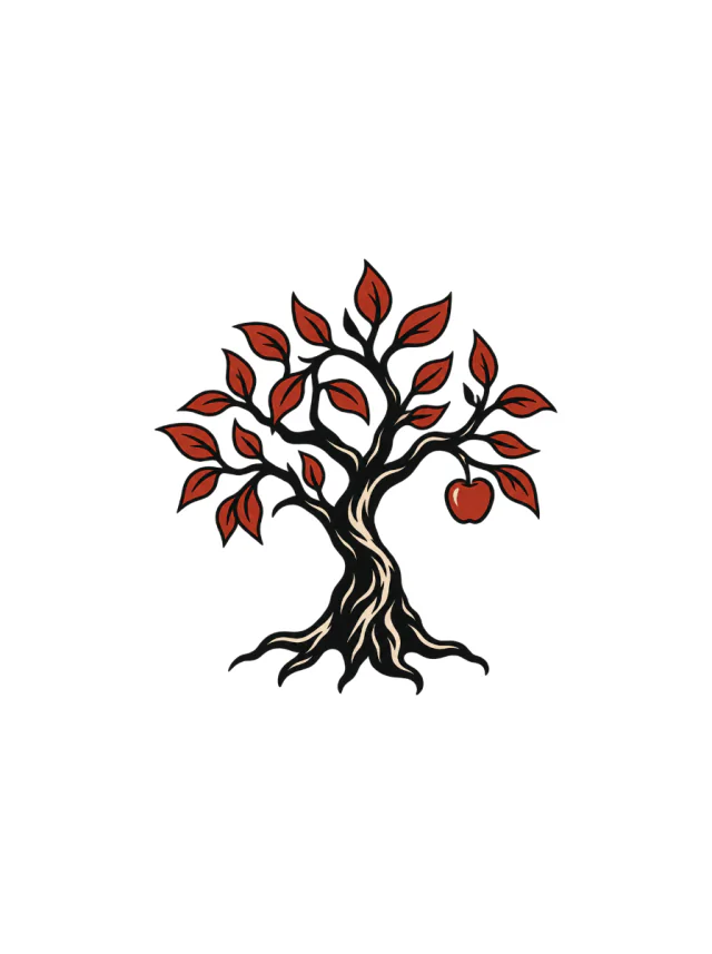 Poison-Tree Tattoo Emblem with Rust-Red Leaves Tattoo clean design