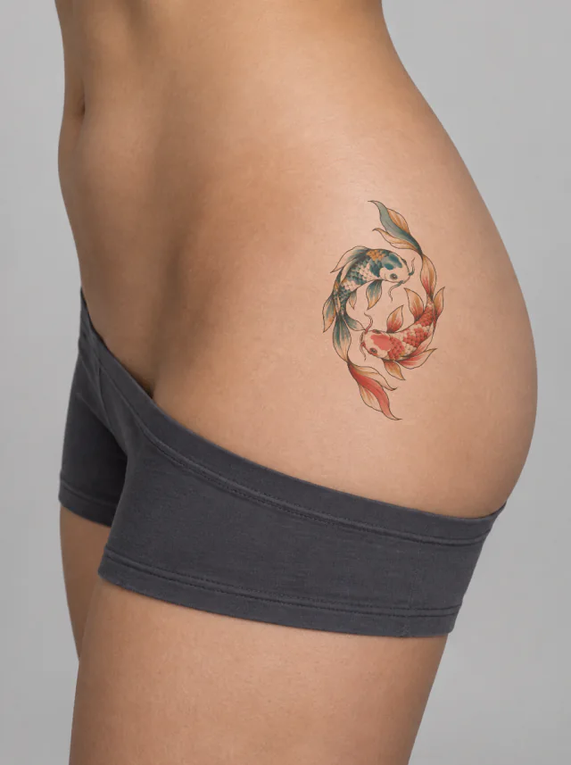 Illustrative Koi Hip Tattoo on-skin preview