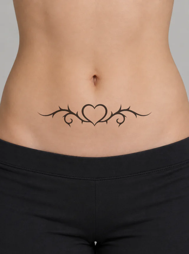 Lower Belly Thorned Heart Crest Tattoo on-skin preview
