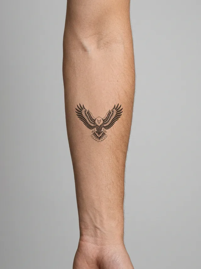 Blackwork Eagle Forearm Tattoo on-skin preview