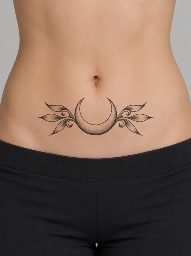 Lower Belly Crescent Filigree Tattoo on-skin preview