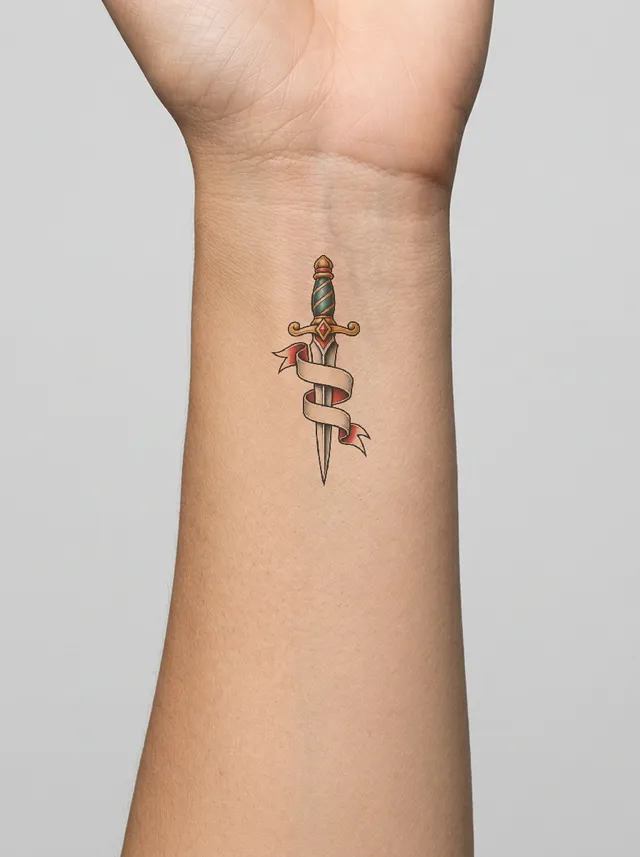 Old School Dagger and Ribbon Inner Wrist Tattoo on-skin preview