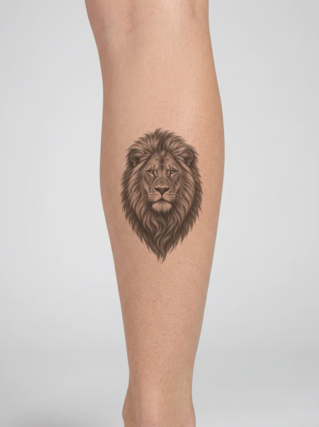 Tatuaje de león en la pantorrilla, en la piel