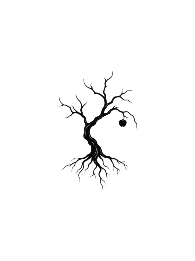 Minimal Crooked Tree Silhouette with Hanging Apple and a Complete Root Base Tattoo clean design