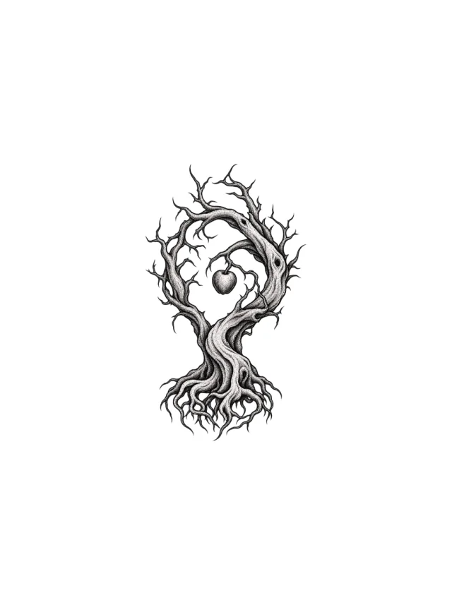 Old Tree with Inward-Curling Branches Surrounding Fruit Tattoo clean design