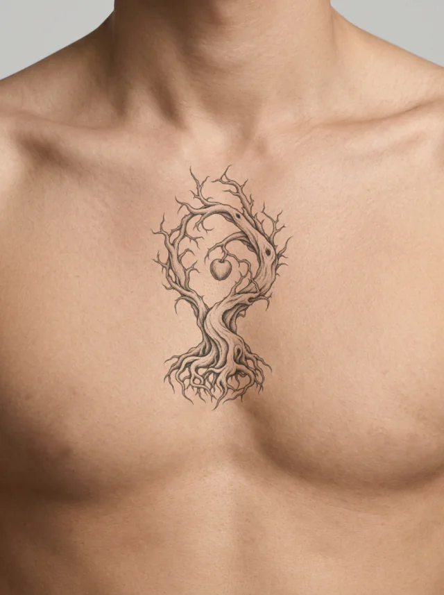 Old Tree with Inward-Curling Branches Surrounding Fruit Tattoo on-skin preview