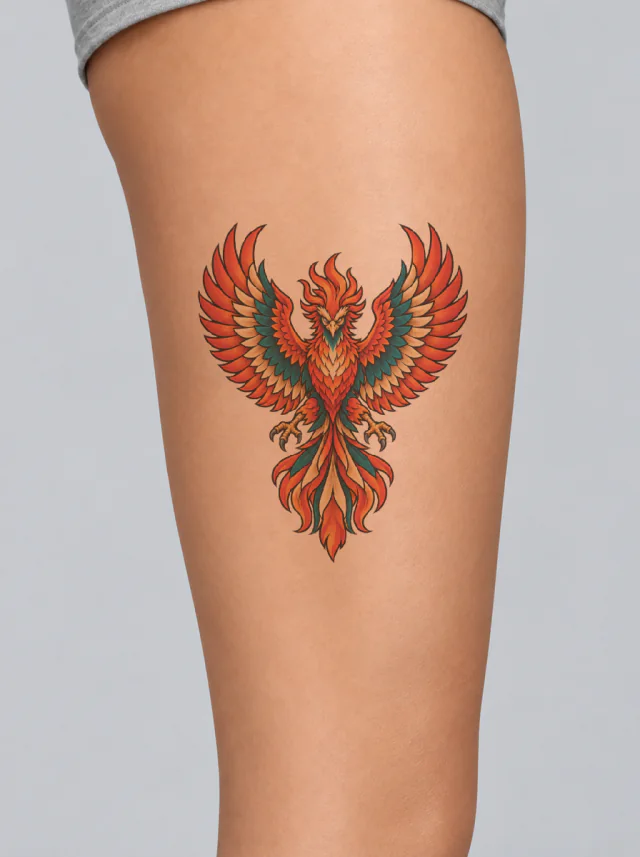 Neo-Traditional Spread Phoenix Thigh Tattoo on-skin preview
