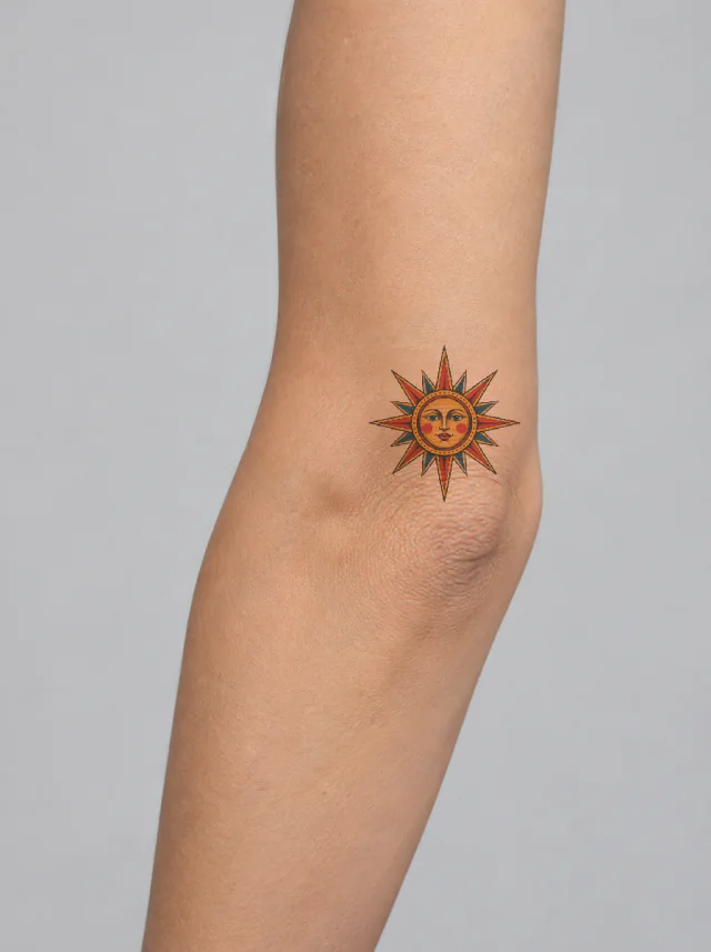 Old School Sunburst Elbow Tattoo on-skin preview