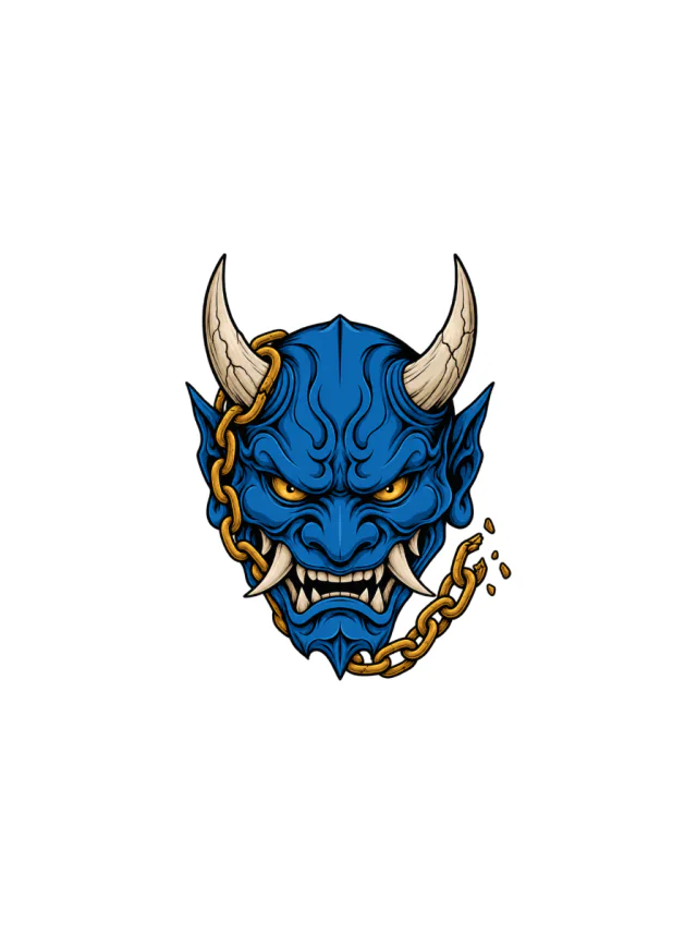 Blue Oni Mask with Two Horns Tattoo clean design