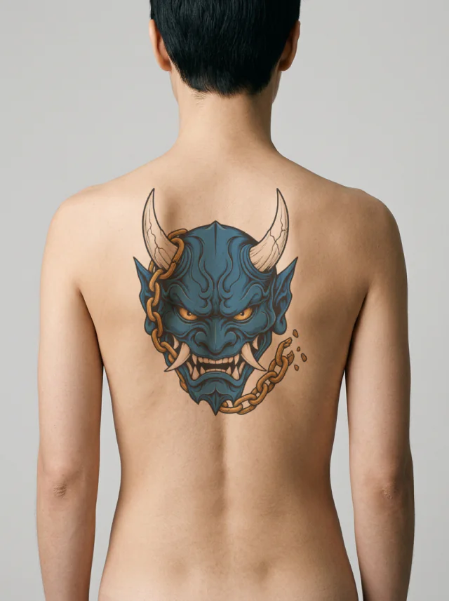 Blue Oni Mask with Two Horns Tattoo on-skin preview