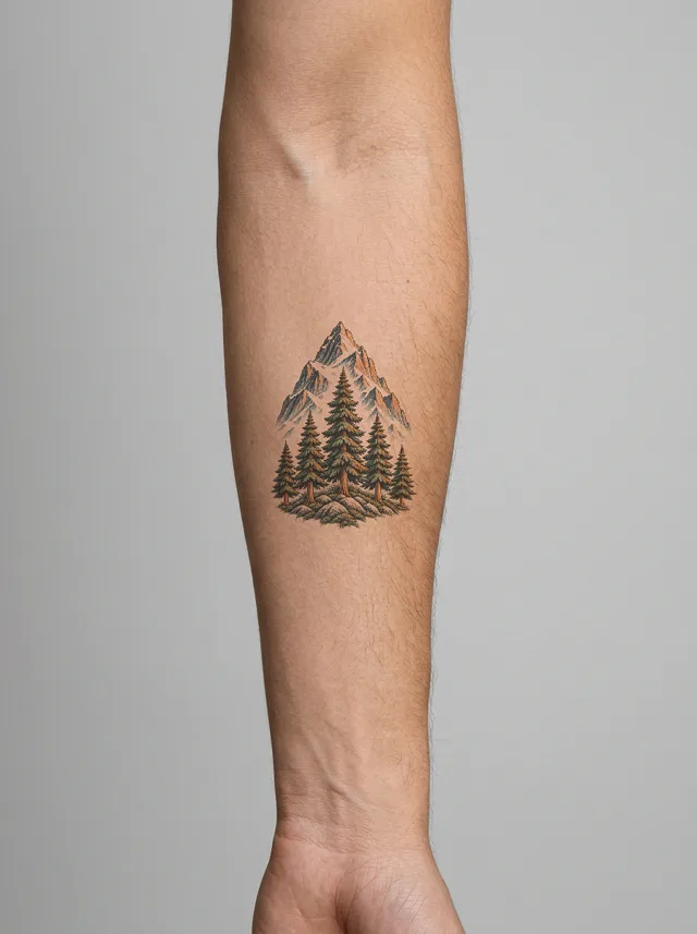 Illustrative Mountain Forearm Tattoo on-skin preview