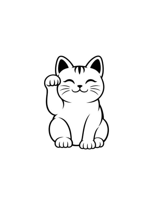 Minimalist Maneki-Neko Silhouette with Raised Paw and a Clearly Readable Cat Face Tattoo clean design