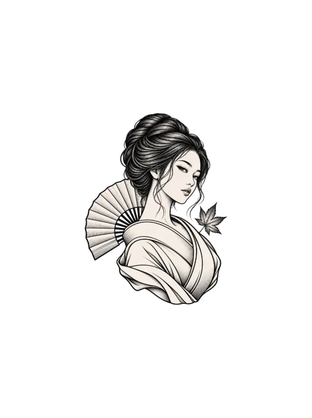 Geisha-Inspired Bust with Small Maple-Leaf Accent and an Open Fan Behind the Shoulder Tattoo clean design