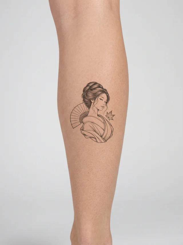 Geisha-Inspired Bust with Small Maple-Leaf Accent and an Open Fan Behind the Shoulder Tattoo on-skin preview