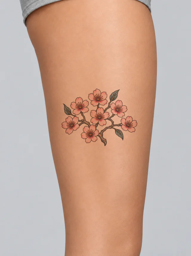 Cherry Blossom Fan Branch Tattoo on-skin preview