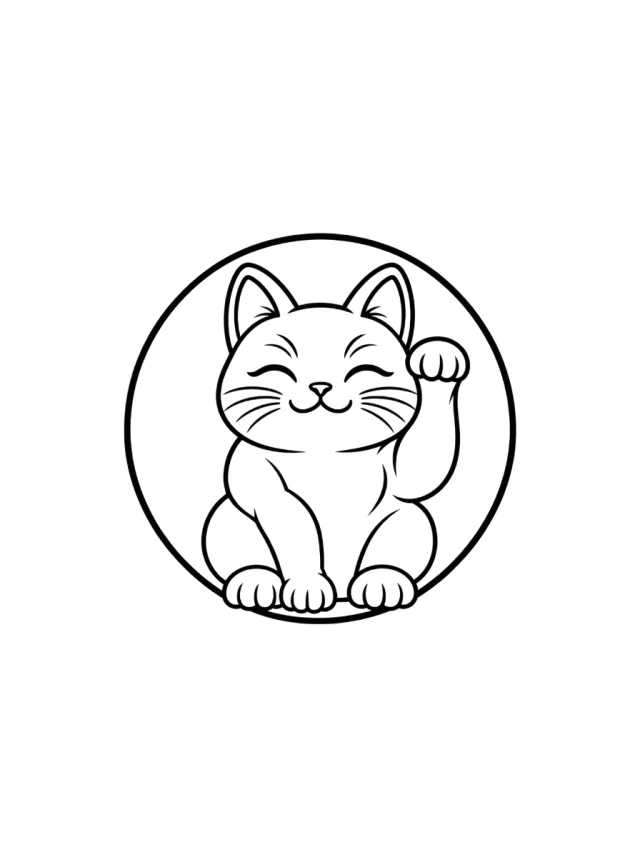Blackwork Maneki-Neko Inside a Simple Circular Frame Tattoo clean design