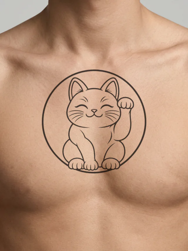 Blackwork Maneki-Neko Inside a Simple Circular Frame Tattoo on-skin preview