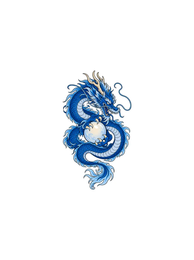 Blue Japanese-Inspired Dragon Coiled around Pearl-Like Orb Tattoo clean design
