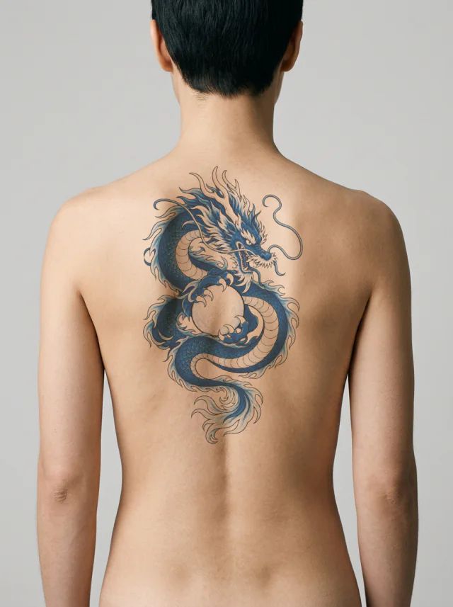Blue Japanese-Inspired Dragon Coiled around Pearl-Like Orb Tattoo on-skin preview