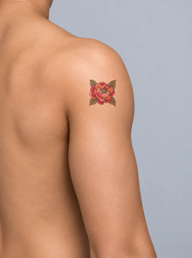 Neo-Traditional Color Peony Upper Arm Tattoo on-skin preview on the shoulder template