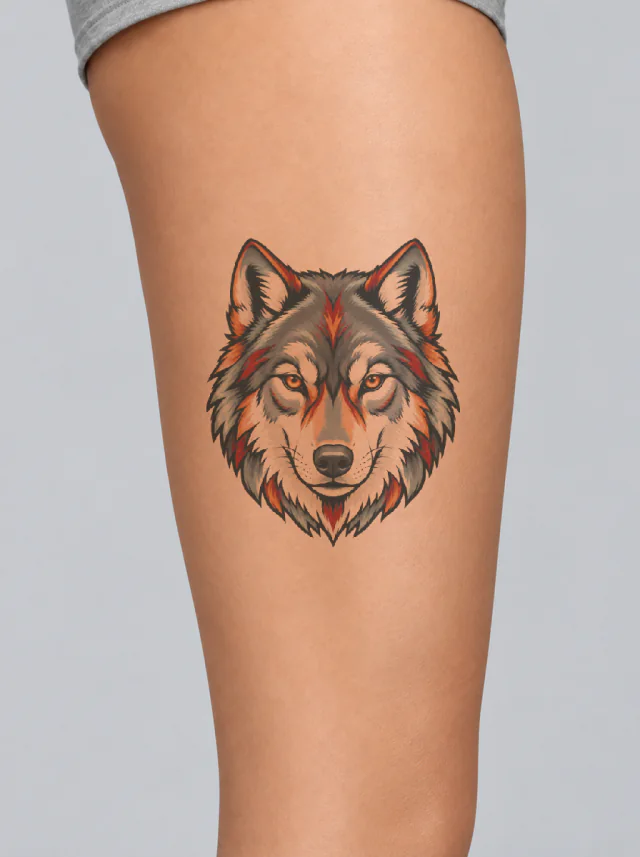 Illustrative Color Wolf Thigh Tattoo on-skin preview on the thigh template