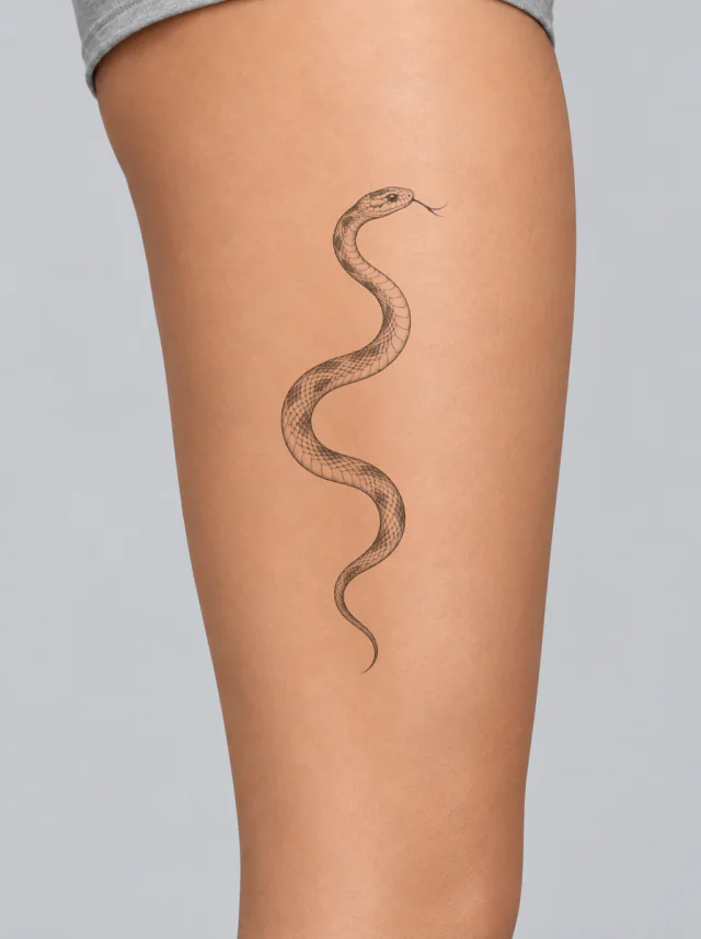Fine Line Snake Thigh Tattoo on-skin preview on the thigh template