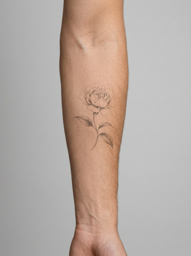 Single stem peony tattoo on a forearm