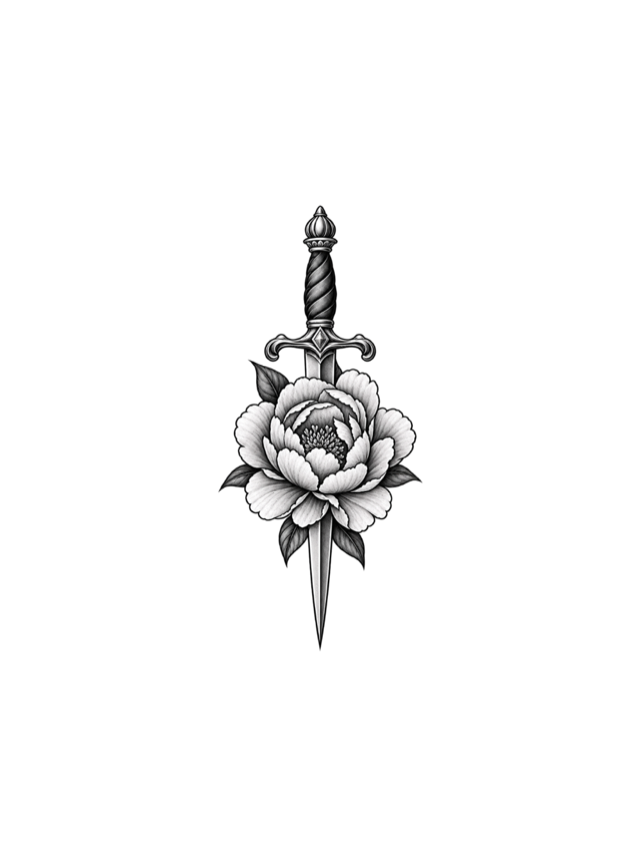Blackwork peony and dagger tattoo clean design