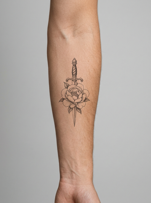 Blackwork peony and dagger tattoo on a forearm