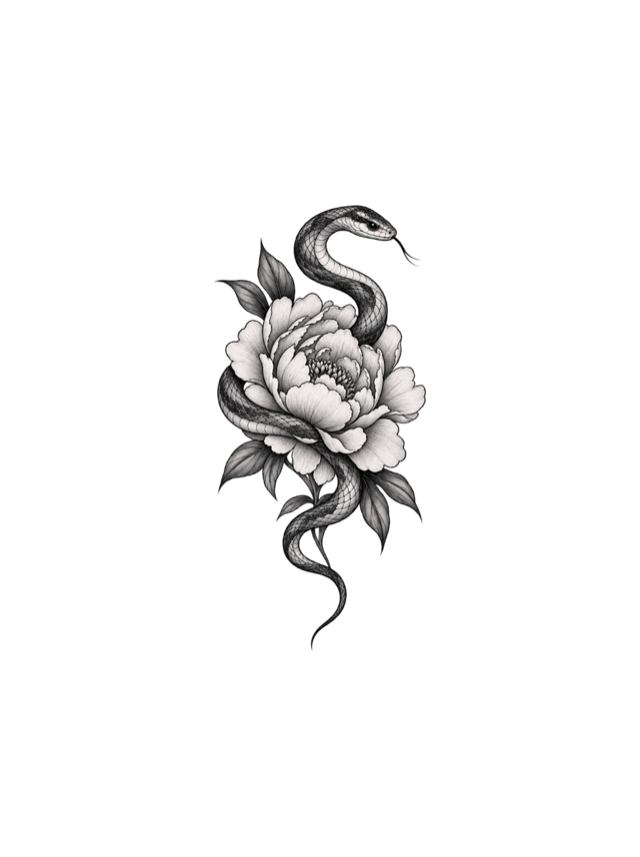 Snake and peony tattoo clean design