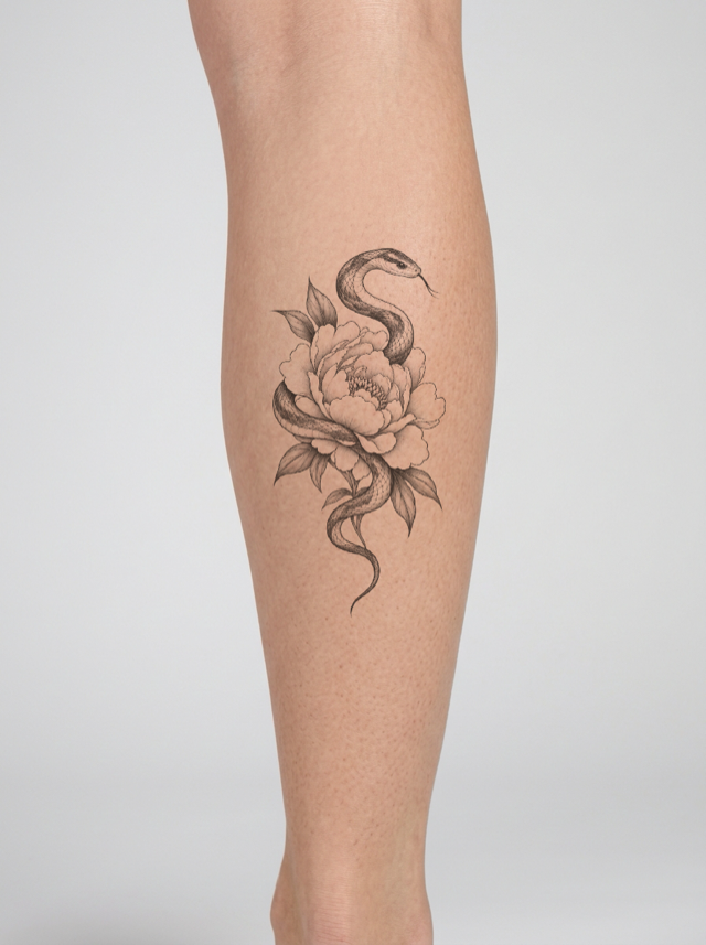 Snake and peony tattoo on a lower leg