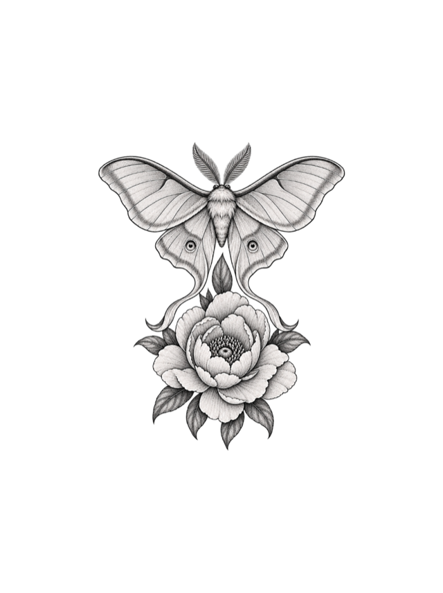 Luna moth and peony tattoo clean design