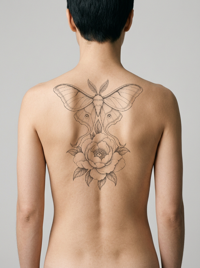 Luna moth and peony tattoo on the upper back